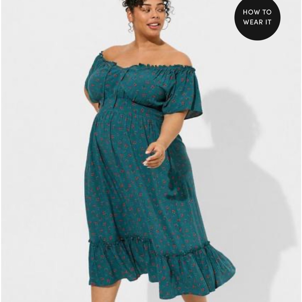 Torrid Size 2 Teal Tea Length Challis Off-Shoulder Milk Maid Dress NWT
